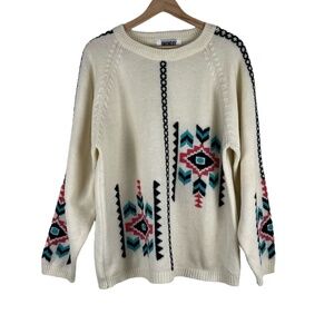 UNIONBAY Sweater Medium Oversized Cream Aztec Pattern Crewneck Southwestern BoHo